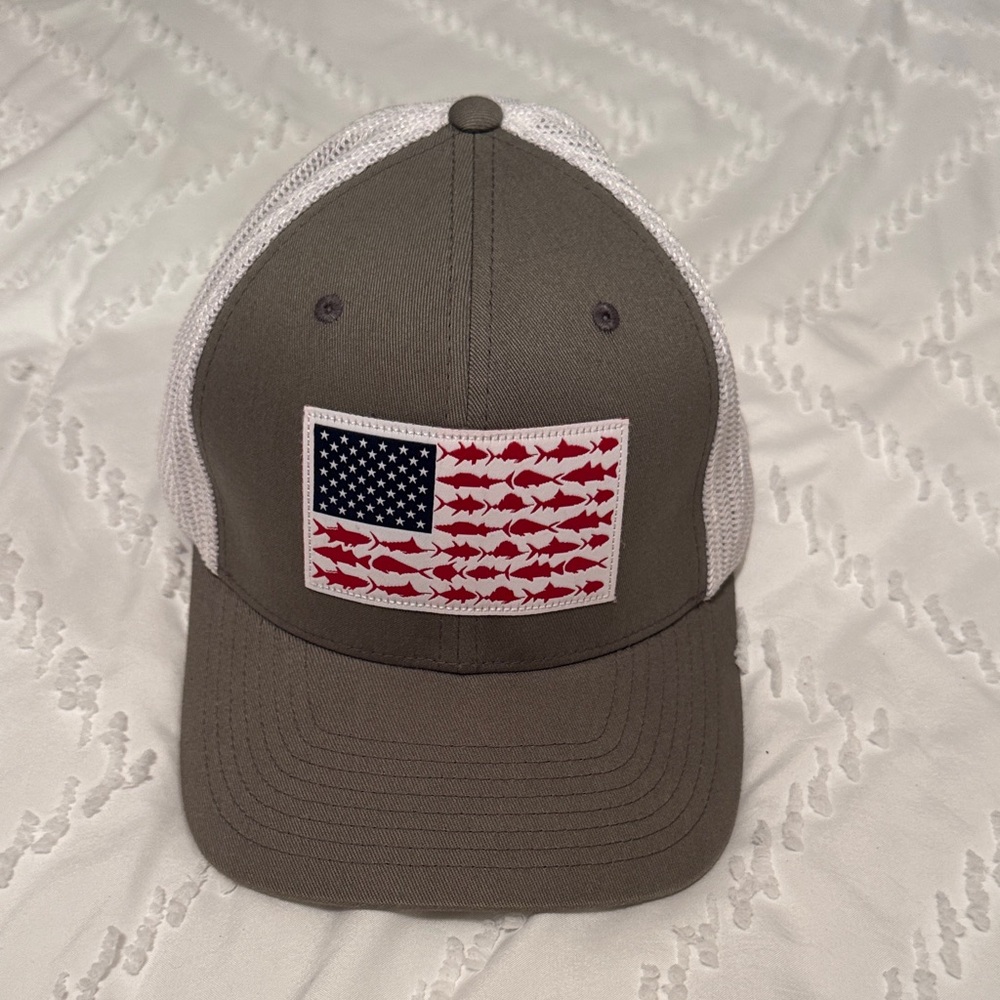 Grey Trucker Hat with American Fish Flag Patch